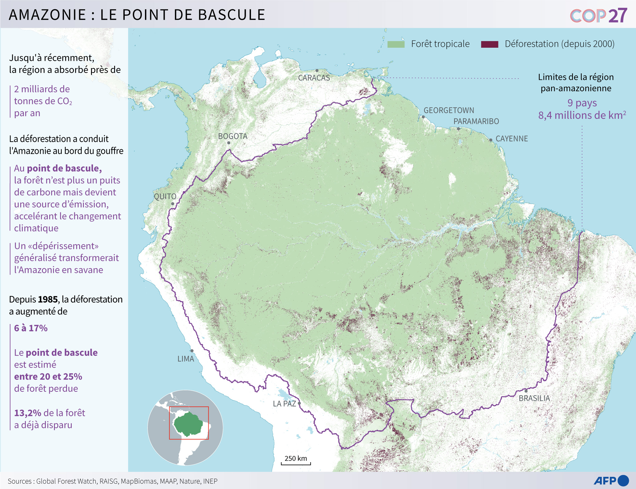 Carte de l'Amazonie avec la surface de la forêt tropicale et les zones déboisées depuis 2000.