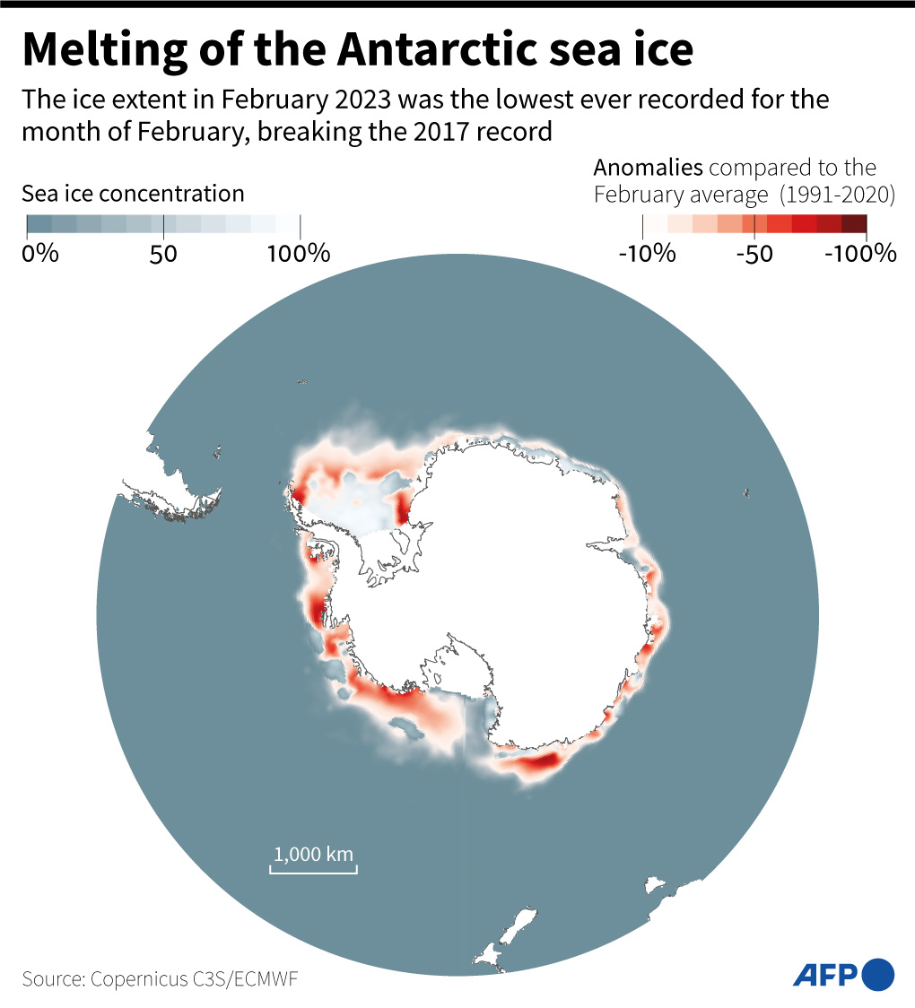 Antarctic sea ice extent measured in January 2023, and anomalies relative to the mean in January (1991-2020)