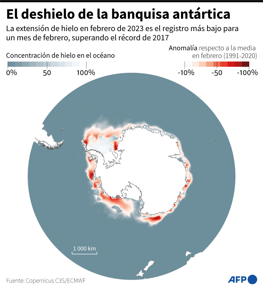 Extensión de la banquisa antártica medida en enero de 2023 y anomalías respecto a la media de enero entre 1991-2020