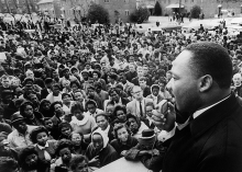 Rev. Martin Luther King addresses his supporters after their return to Brown’s Chapel AME, following their abortive march on Montgomery, on March 9, 1965 in Selma.