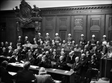 Photo taken circa 1946, showing the dock at the International Military Tribunal (IMT) in Nuremberg, where Nazi leaders of the Third Reich were tried for war crimes during World War II. 